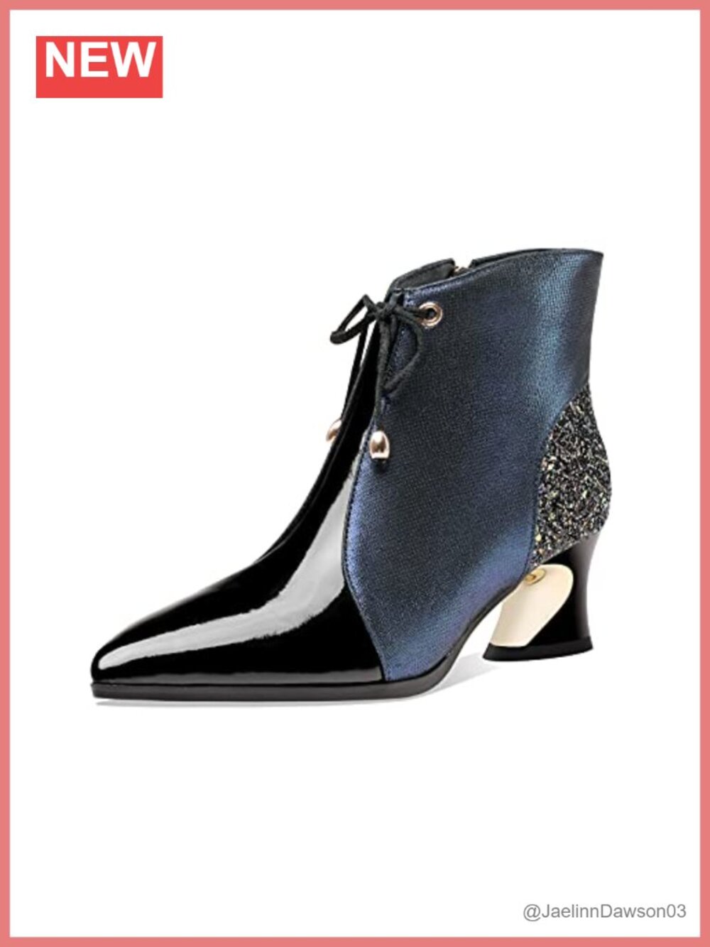 Leather Chunky Heel Ankle Booties Glitter Side Zip Pointed Toe Shoes